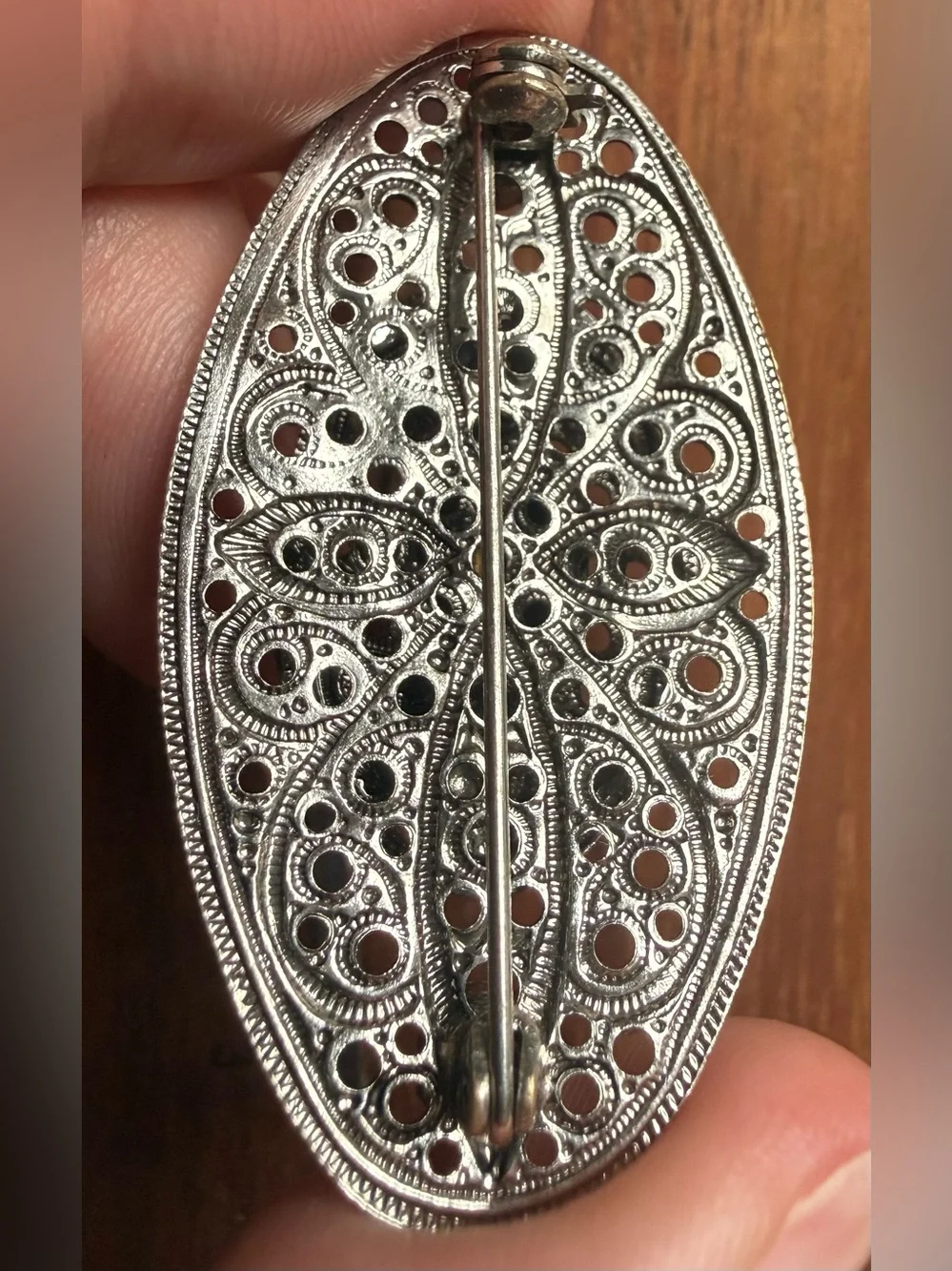 Vintage Silver Tone Filigree Brooch Large Red Glass Stone Rhinestone Cake Tier